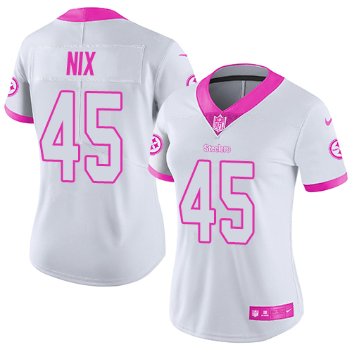 Women's Limited Roosevelt Nix Nike Jersey White/Pink - #45 Rush Fashion NFL Pittsburgh Steelers